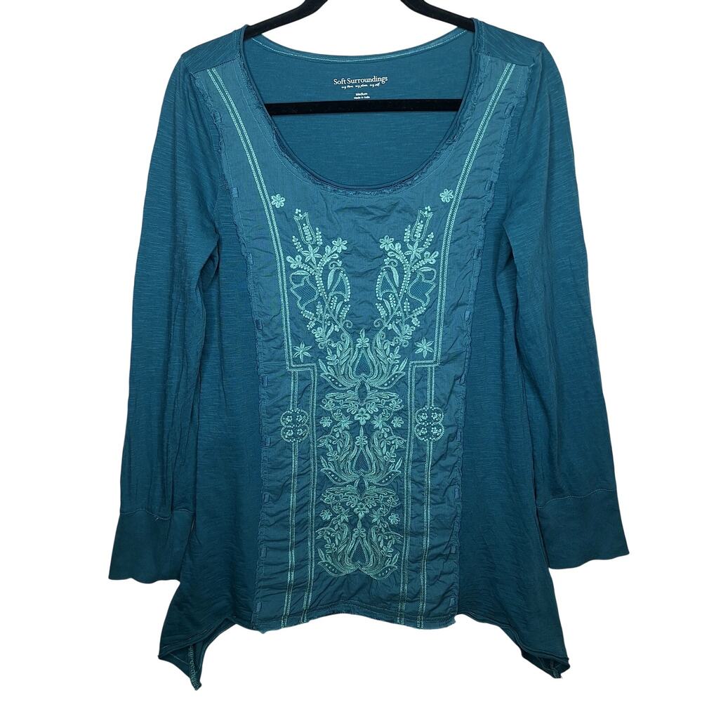 Soft Surroundings Embroidered Tunic Top Medium Teal Cotton Boho Artsy Fairy